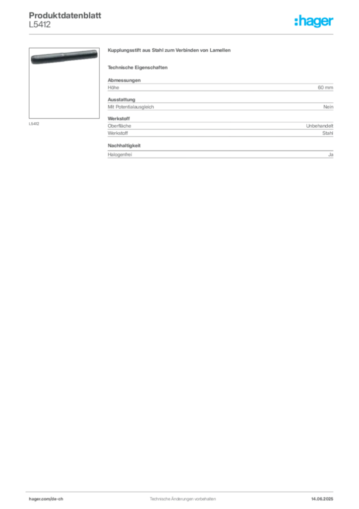 Bild Hager Produktdatenblatt L5412 | Hager Schweiz