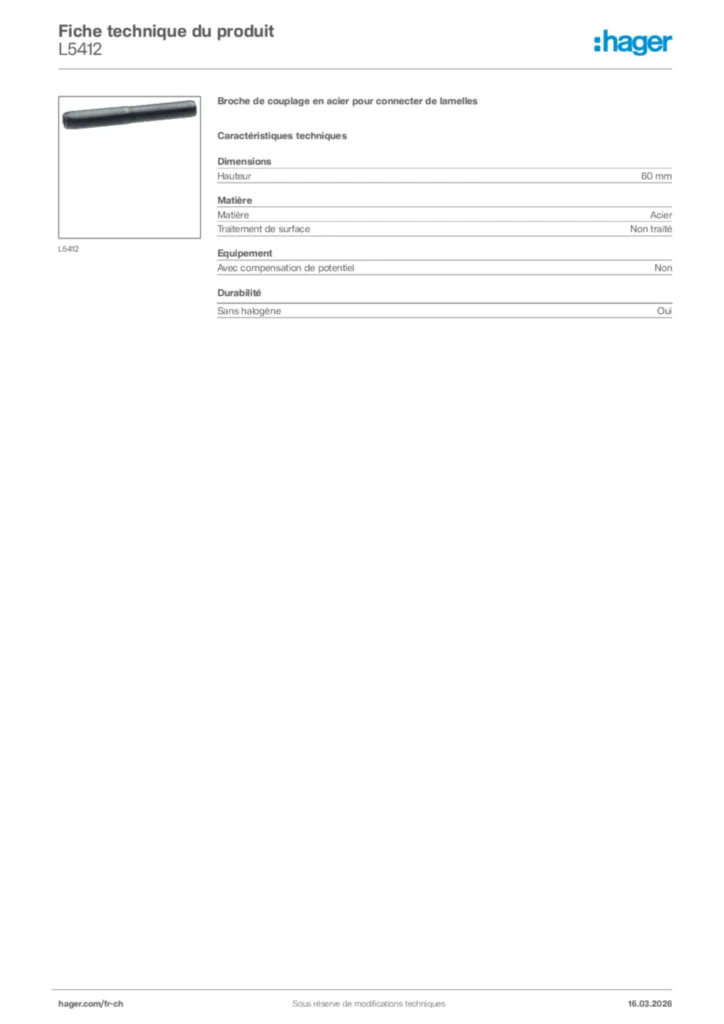 Image Hager Fiche technique du produit L5412 | Hager Suisse
