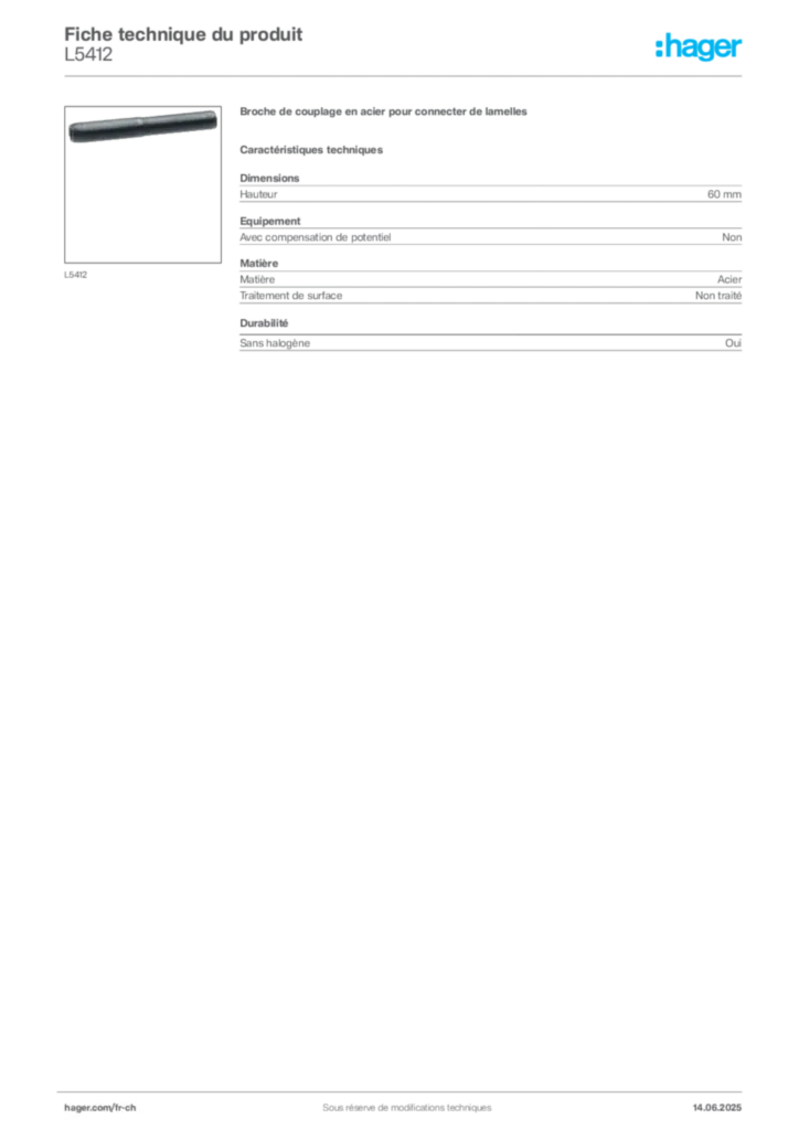 Image Hager Fiche technique du produit L5412 | Hager Suisse