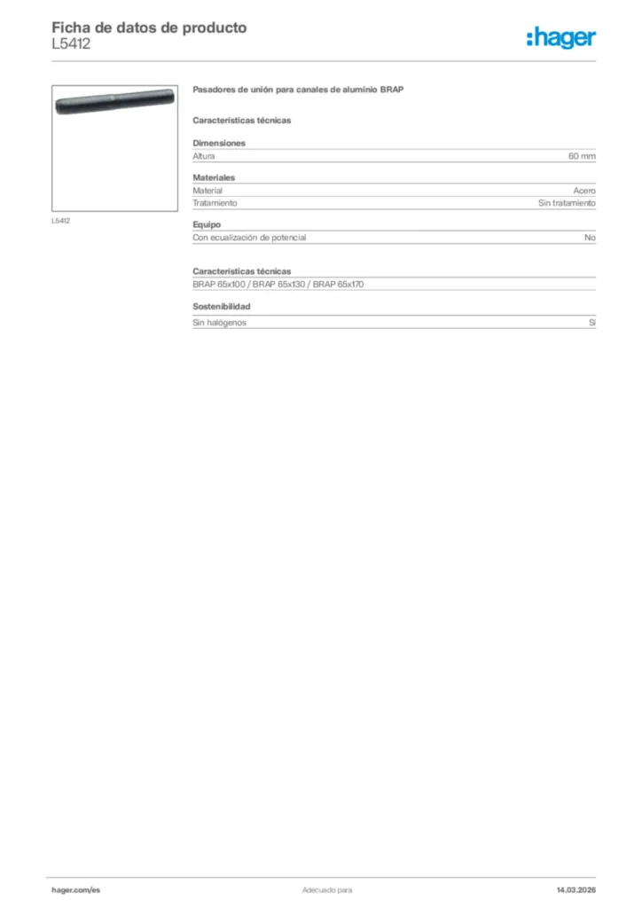 Imagen Hager Ficha de datos de producto L5412 | Hager España