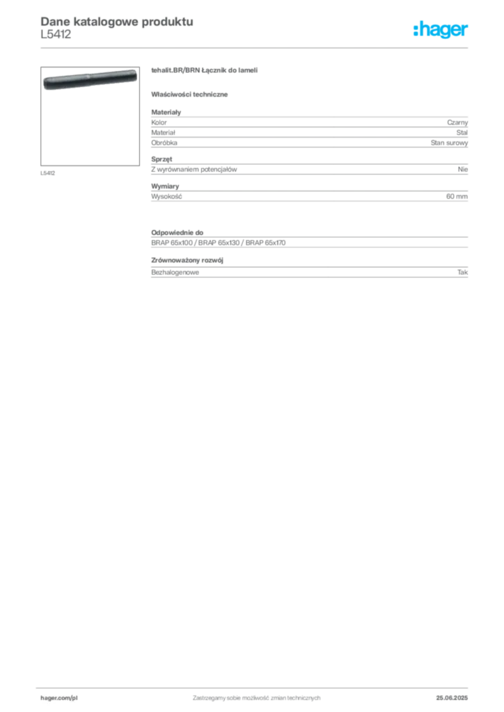 Zdjęcie Hager Dane katalogowe produktu L5412 | Hager Polska