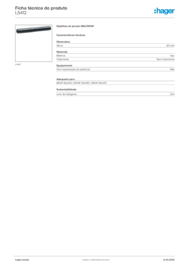 Imagem Hager Ficha técnica do produto L5412 | Hager Portugal