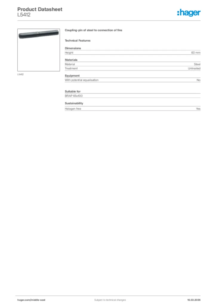 Image Hager Product data sheet L5412  | Hager