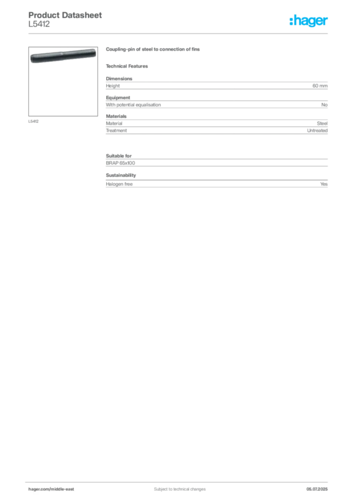 Image Hager Product data sheet L5412  | Hager