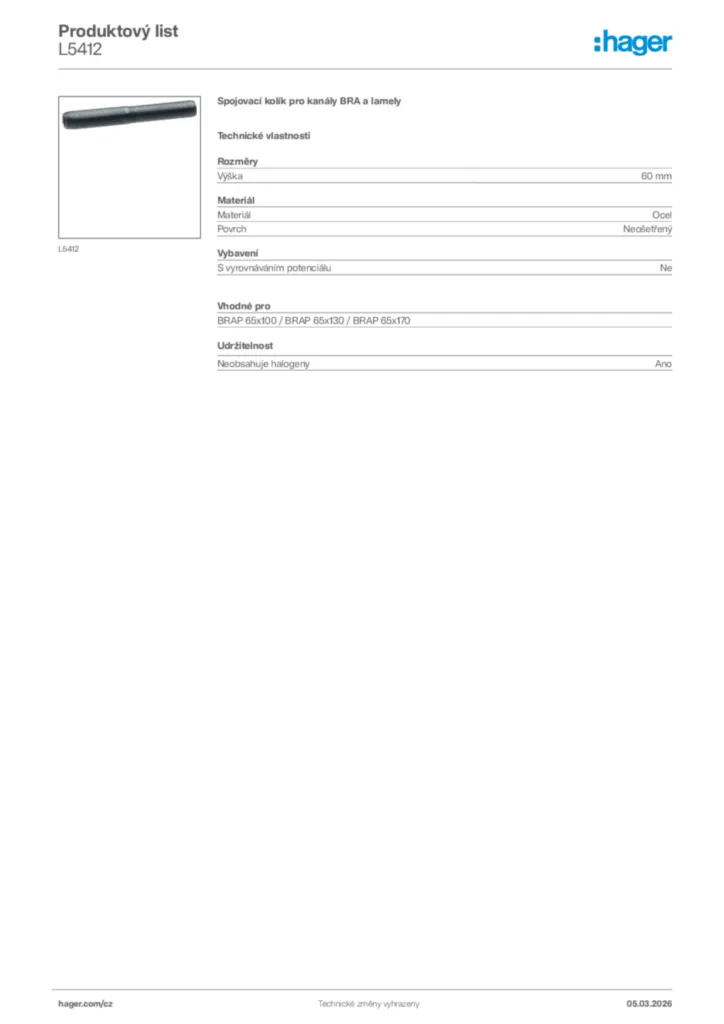 Obrázek Hager Product data sheet L5412 | Hager