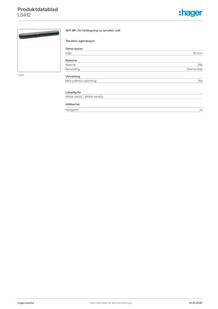 Bild Hager Produktdatablad L5412 | Hager Sverige