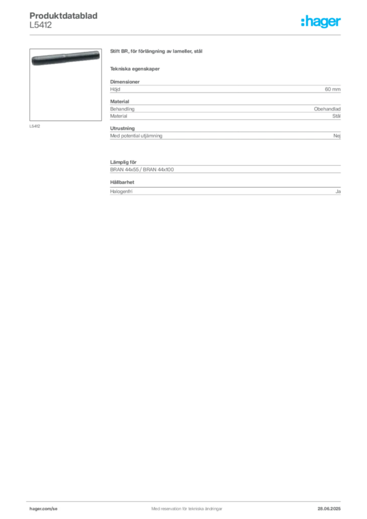 Bild Hager Produktdatablad L5412 | Hager Sverige
