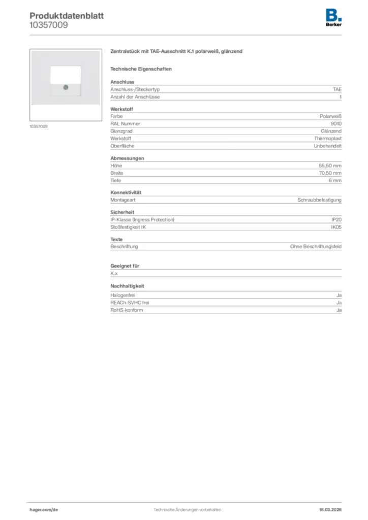 Bild Berker Produktdatenblatt 10357009 | Hager Deutschland