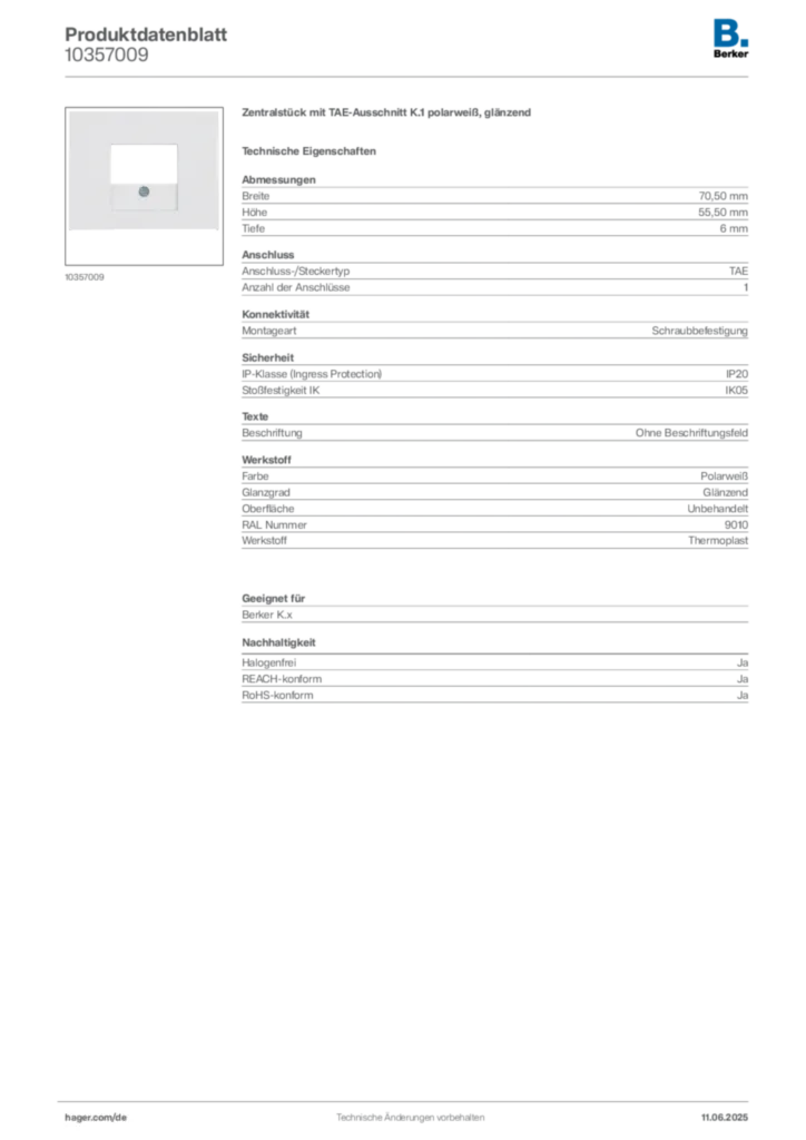 Bild Berker Produktdatenblatt 10357009 | Hager Deutschland