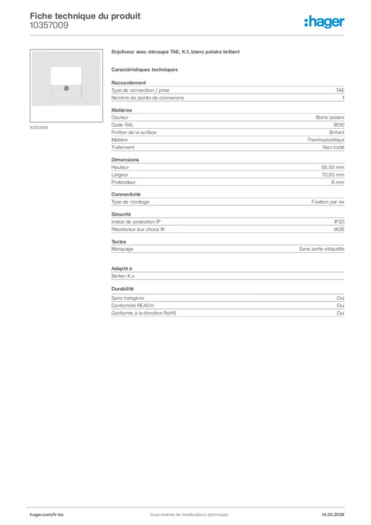 Image Hager Fiche technique du produit 10357009 | Hager Belgique