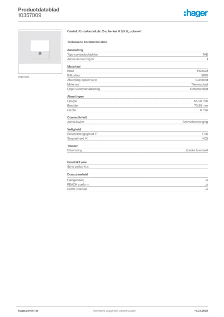 Afbeelding Hager Productdatablad 10357009 | Hager Belgium