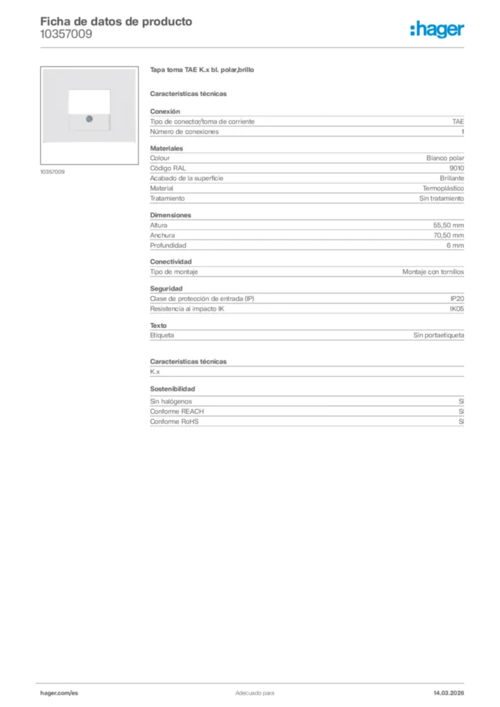 Imagen Hager Ficha de datos de producto 10357009 | Hager España