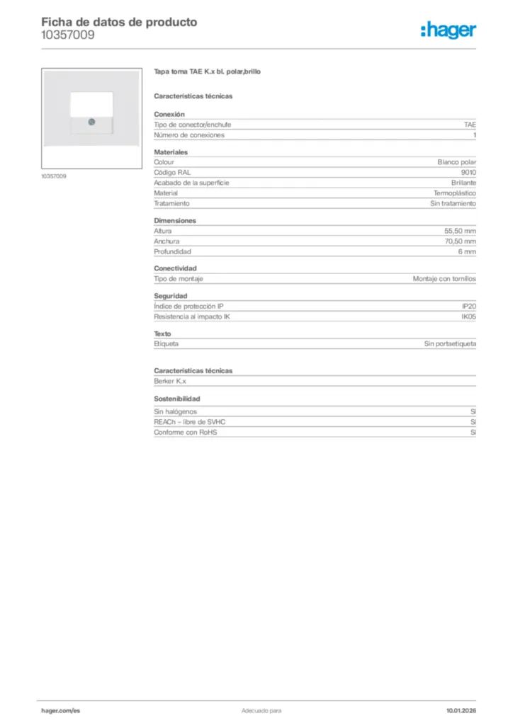 Imagen Hager Ficha de datos de producto 10357009 | Hager España