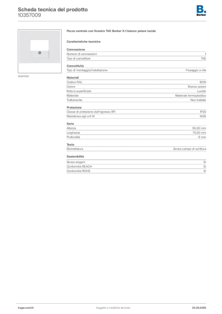 Immagine Berker Scheda tecnica del prodotto 10357009 | Hager Italia