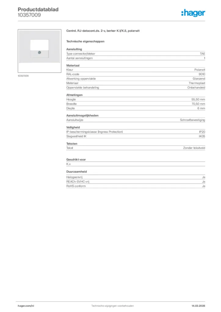 Afbeelding Hager Productdatablad 10357009 | Hager Nederland