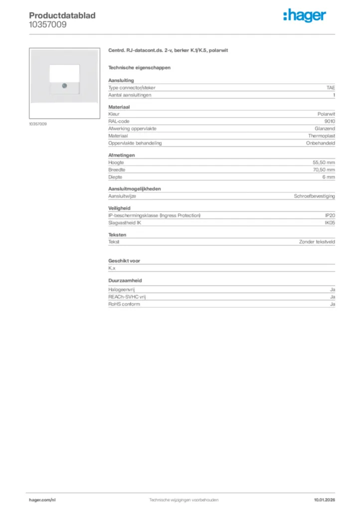 Afbeelding Hager Productdatablad 10357009 | Hager Nederland