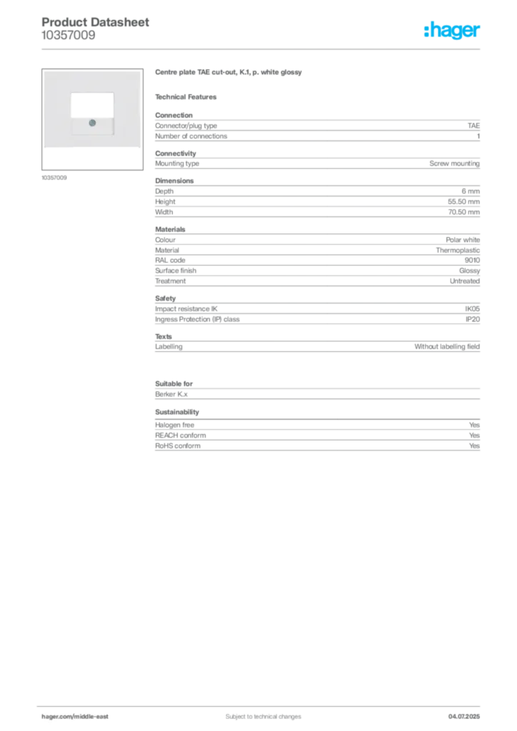 Image Hager Product data sheet 10357009  | Hager