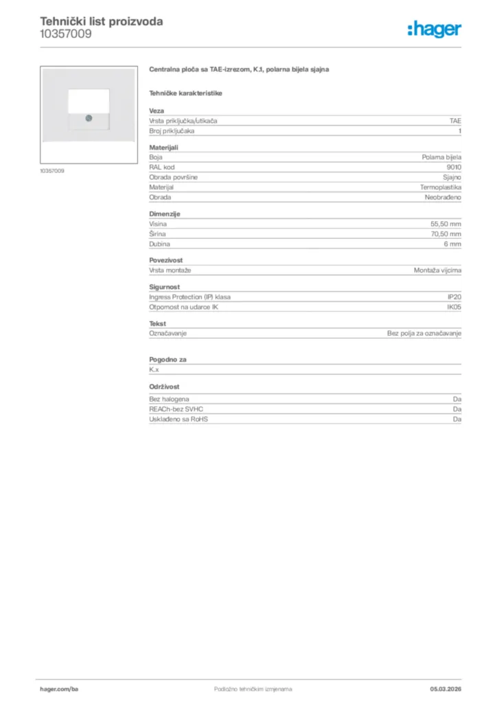 Slika Hager Tehnički list proizvoda 10357009  | Hager