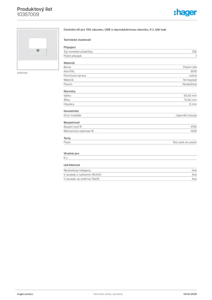 Obrázek Hager Product data sheet 10357009 | Hager