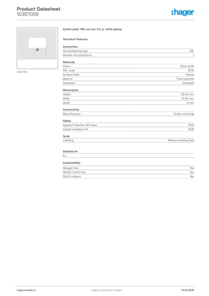 Image Hager Product data sheet 10357009  | Hager