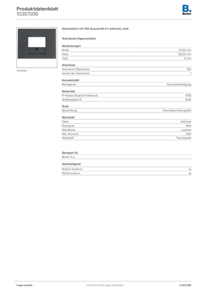 Bild Berker Produktdatenblatt 10357006 | Hager Deutschland