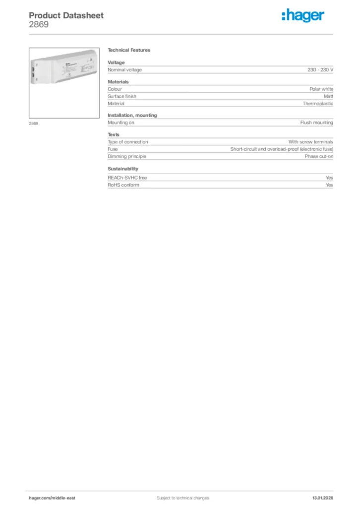 Image Hager Product data sheet 2869  | Hager