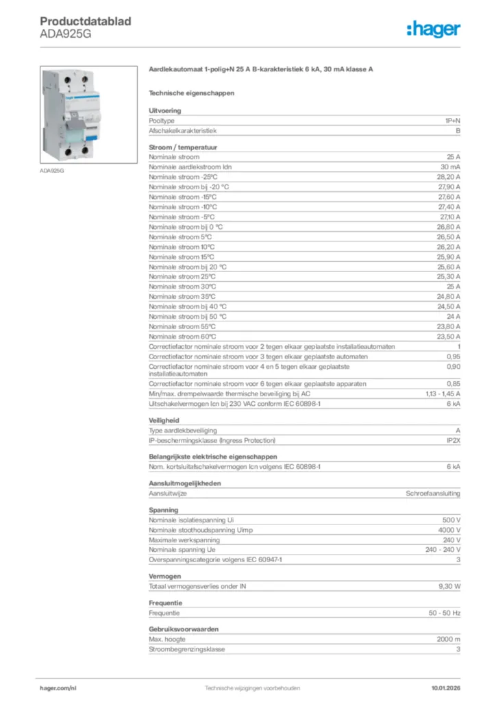Afbeelding Hager Productdatablad ADA925G | Hager Nederland