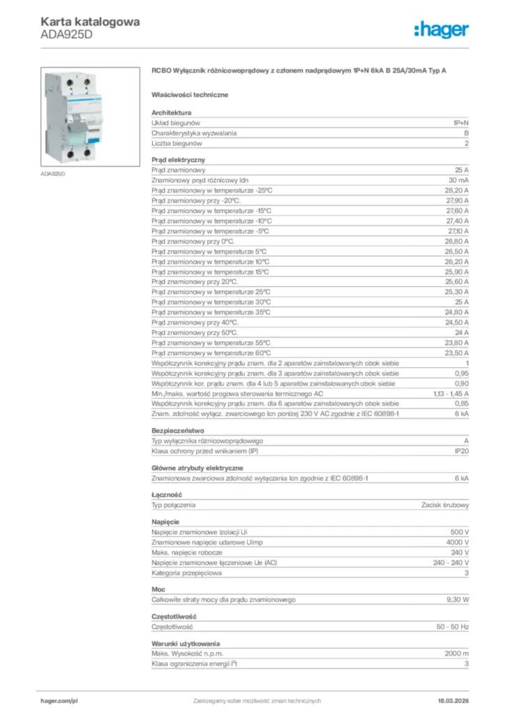 Zdjęcie Hager Karta katalogowa ADA925D | Hager Polska