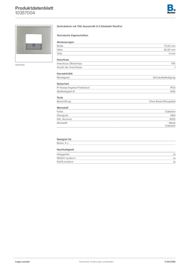 Bild Berker Produktdatenblatt 10357004 | Hager Deutschland