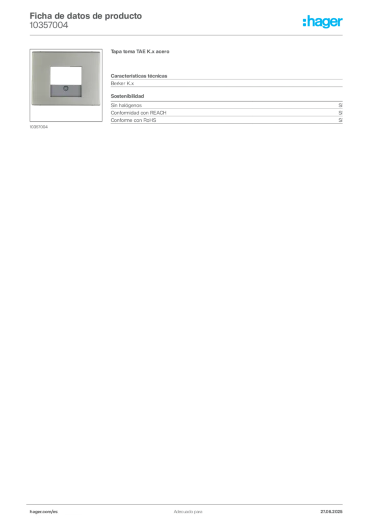 Imagen Hager Ficha de datos de producto 10357004 | Hager España