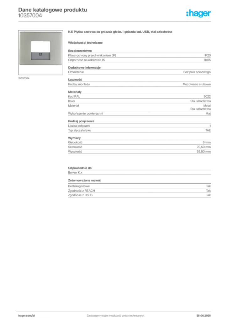 Zdjęcie Hager Dane katalogowe produktu 10357004 | Hager Polska