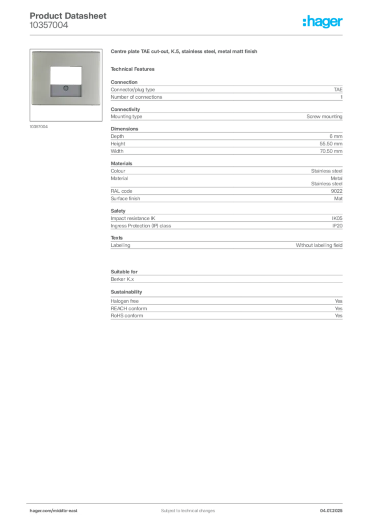 Image Hager Product data sheet 10357004  | Hager