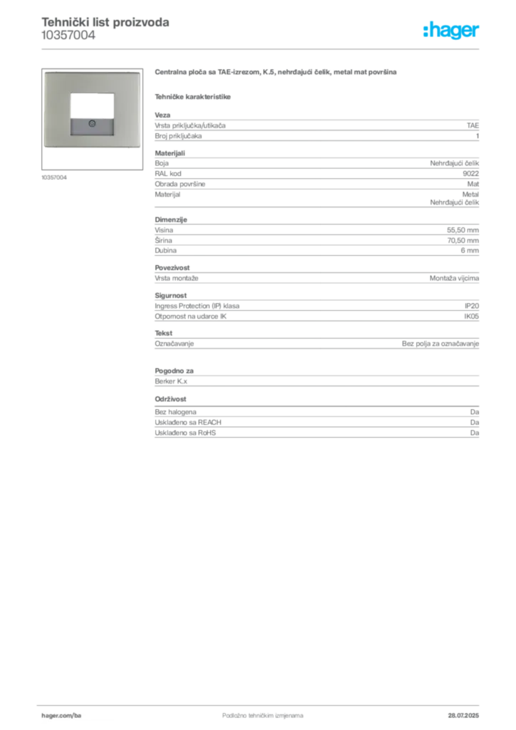 Slika Hager Product data sheet 10357004  | Hager