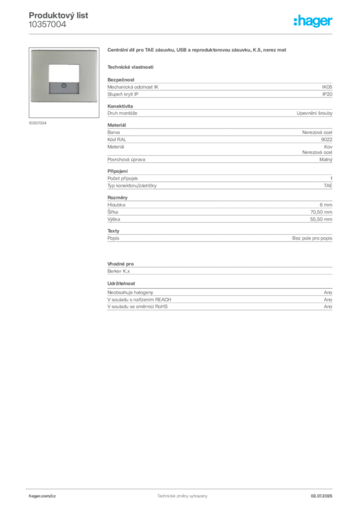 Obrázek Hager Produktový list 10357004 | Hager