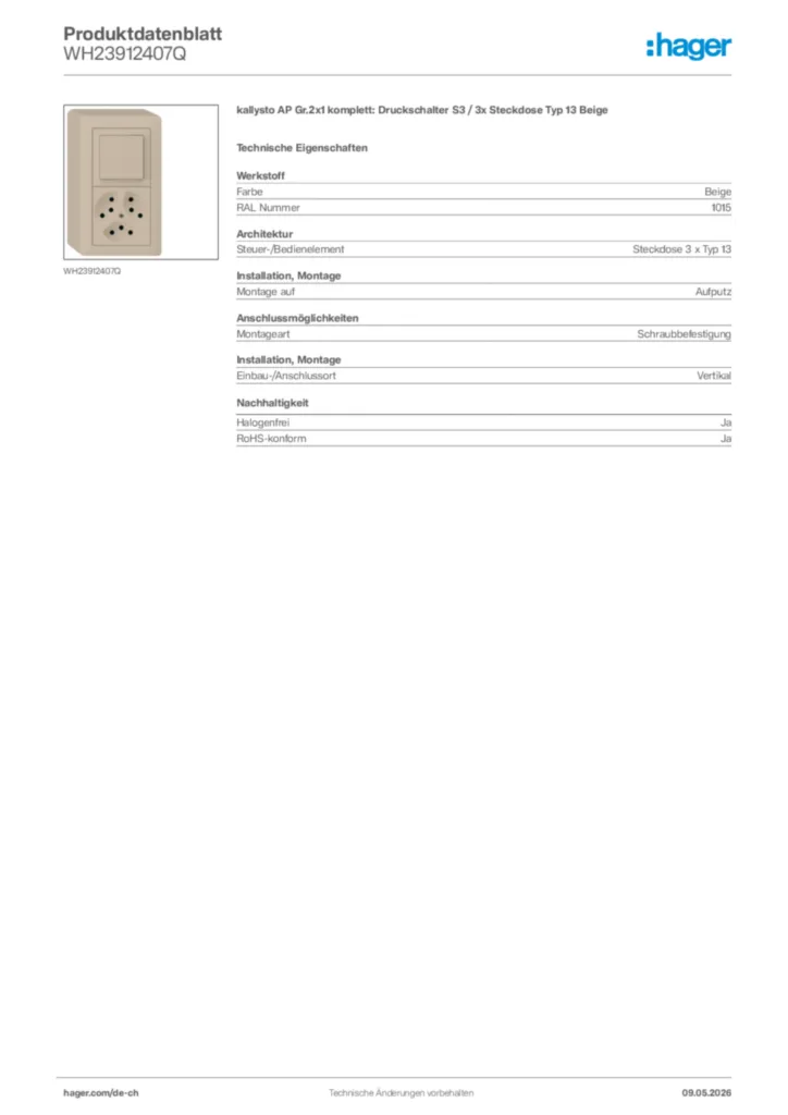 Bild Hager Produktdatenblatt WH23912407Q | Hager Schweiz
