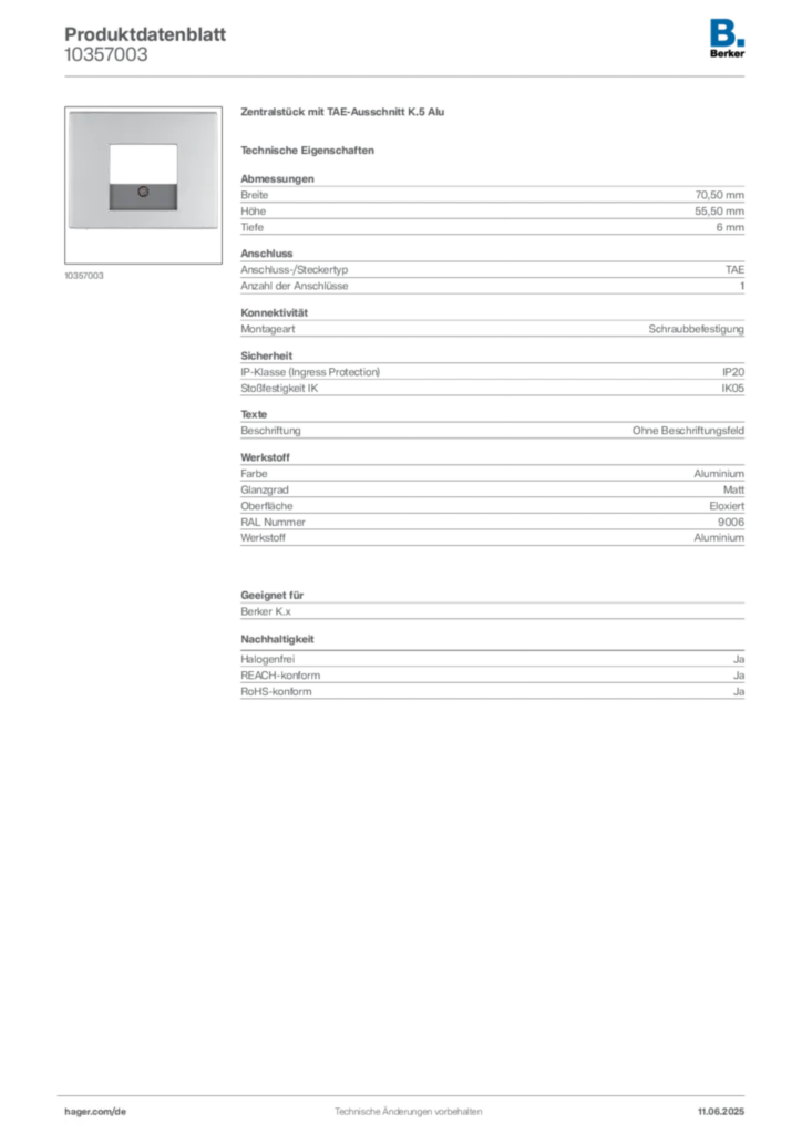 Bild Berker Produktdatenblatt 10357003 | Hager Deutschland