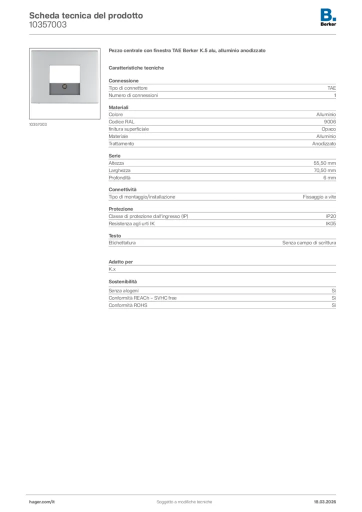 Immagine Berker Scheda tecnica del prodotto 10357003 | Hager Italia