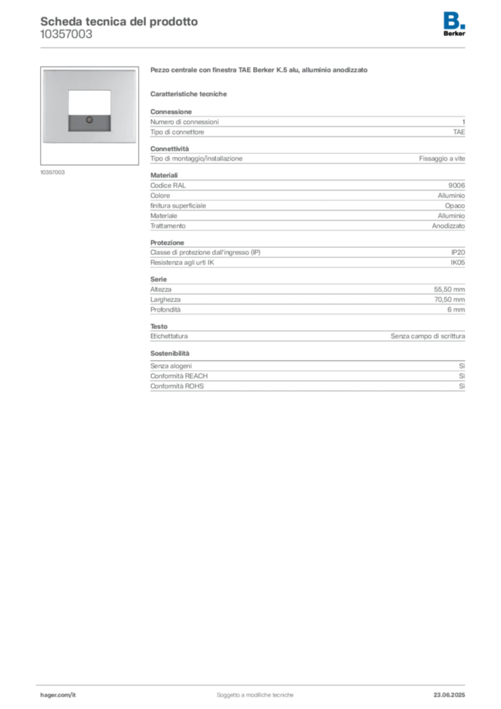 Immagine Berker Scheda tecnica del prodotto 10357003 | Hager Italia