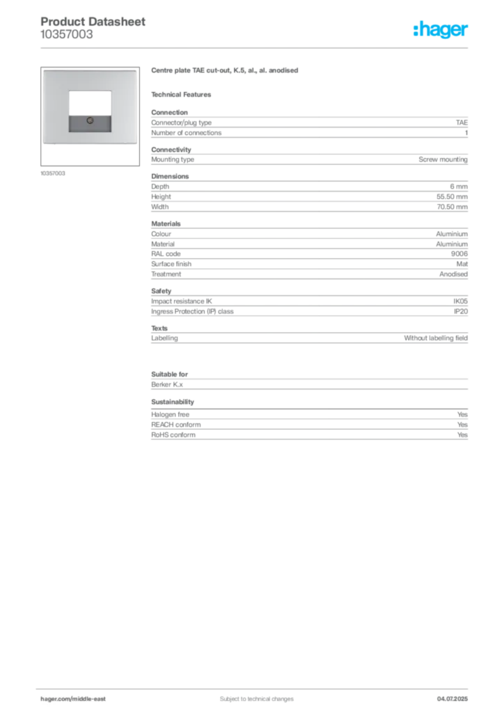 Image Hager Product data sheet 10357003  | Hager