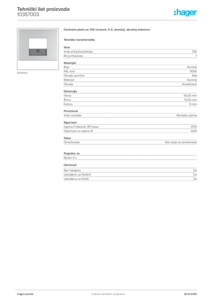Slika Hager Product data sheet 10357003  | Hager