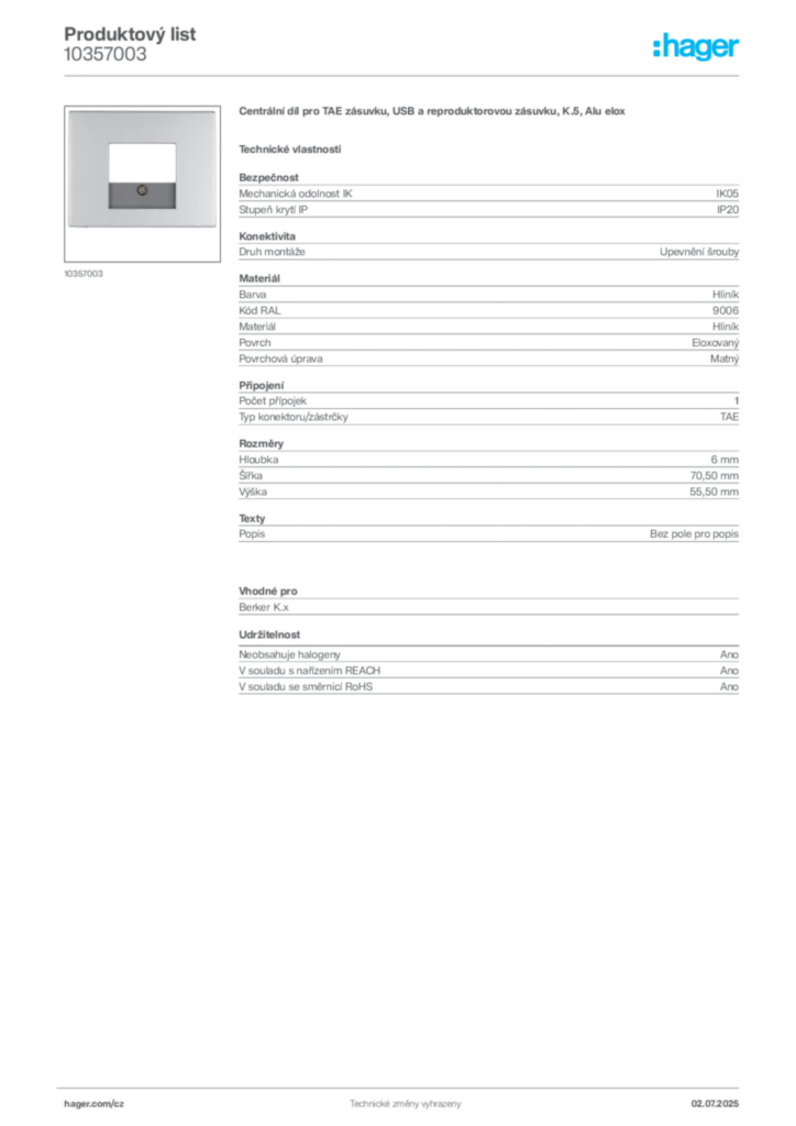 Obrázek Hager Produktový list 10357003 | Hager