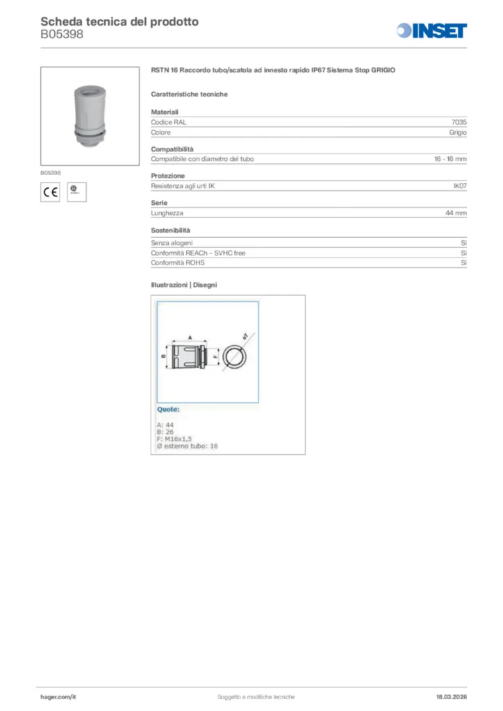 Immagine Inset Scheda tecnica del prodotto B05398 | Hager Italia