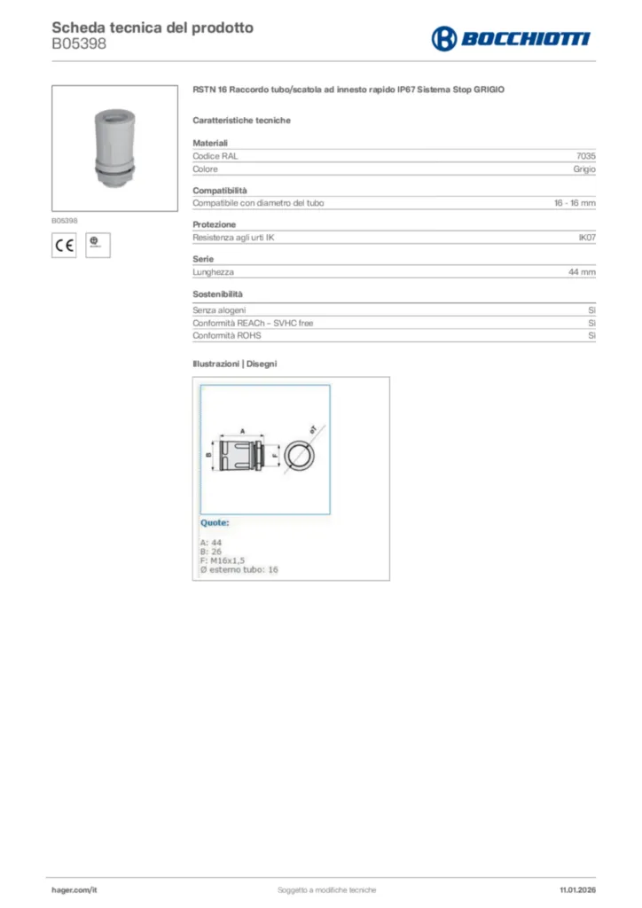 Immagine Bocchiotti Scheda tecnica del prodotto B05398 | Hager Italia