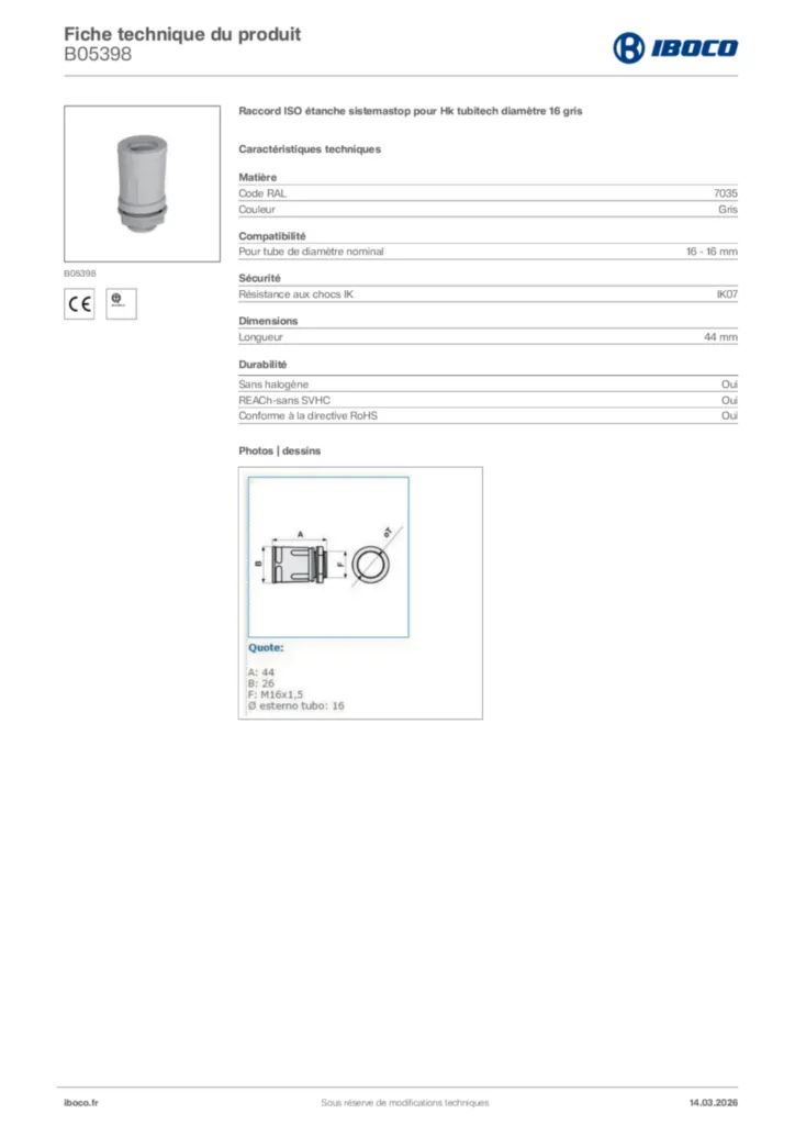 Image Iboco Fiche technique du produit B05398 | Hager France