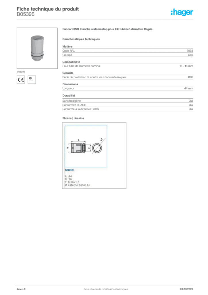 Image Iboco Fiche technique du produit B05398 | Hager France