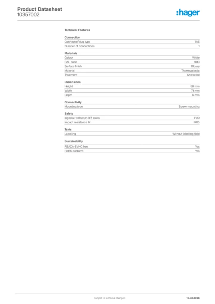 Image Hager Product data sheet 10357002  | Hager Africa