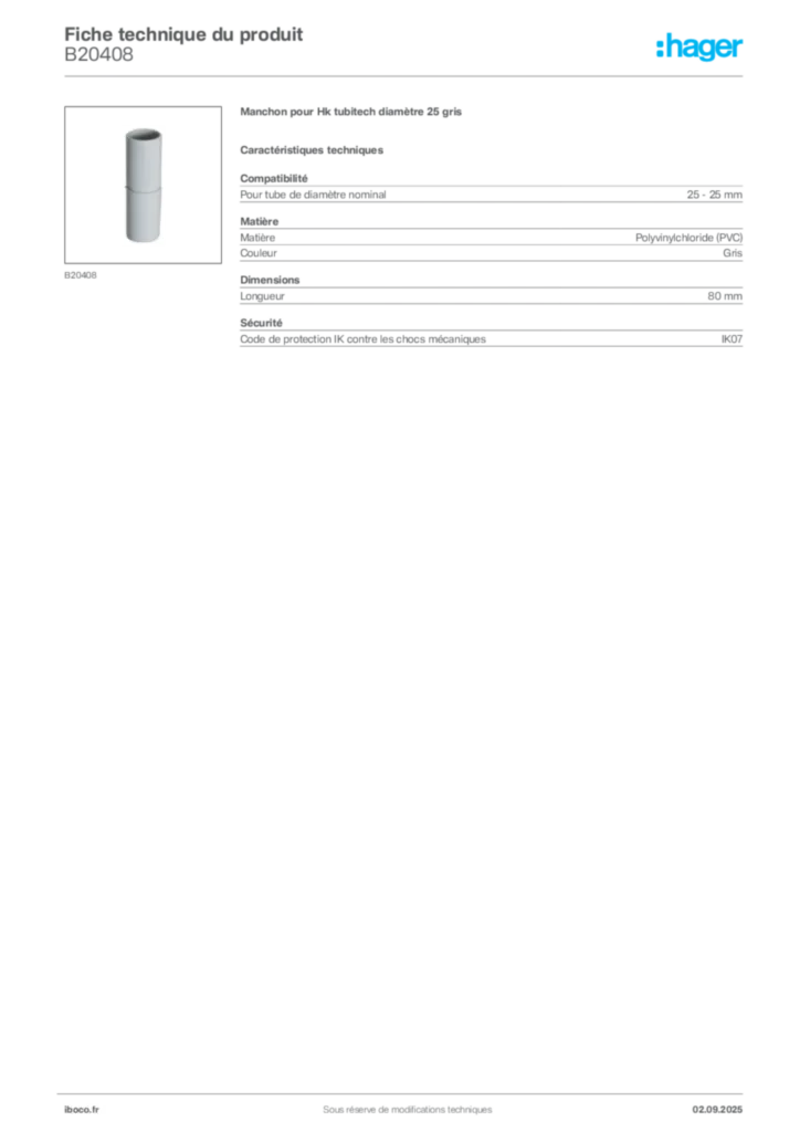 Image Iboco Fiche technique du produit B20408 | Hager France