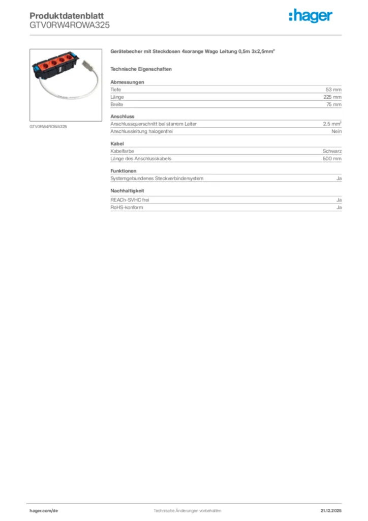Bild Hager Produktdatenblatt GTV0RW4ROWA325 | Hager Deutschland
