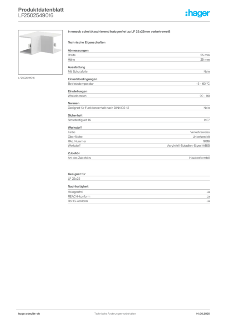 Bild Hager Produktdatenblatt LF2502549016 | Hager Schweiz