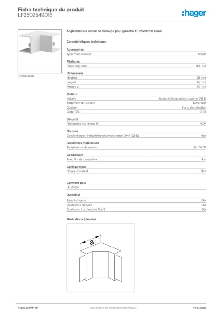 Image Hager Fiche technique du produit LF2502549016 | Hager Suisse
